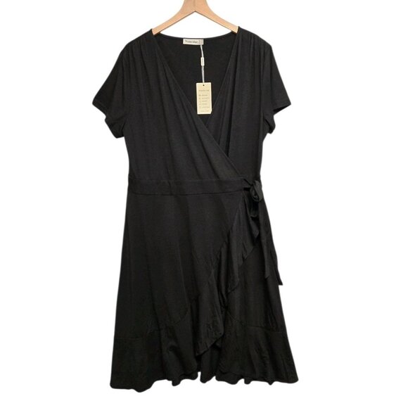 Nemidor Womens Plus Size 16 Black Jersey Knit Wrap Dress Ruffle Hem Minimalist - Picture 2 of 7